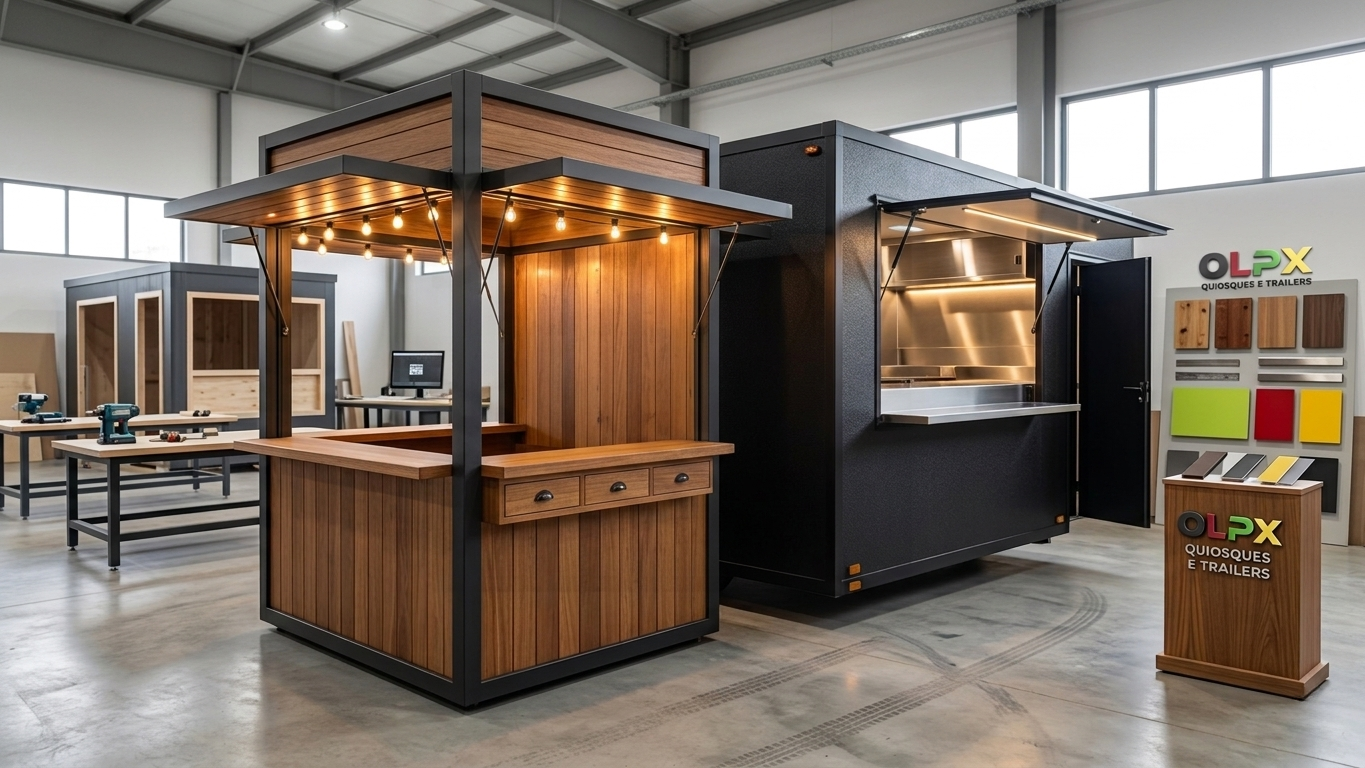 Quiosque de madeira e trailer de food service fabricados pela OLPX