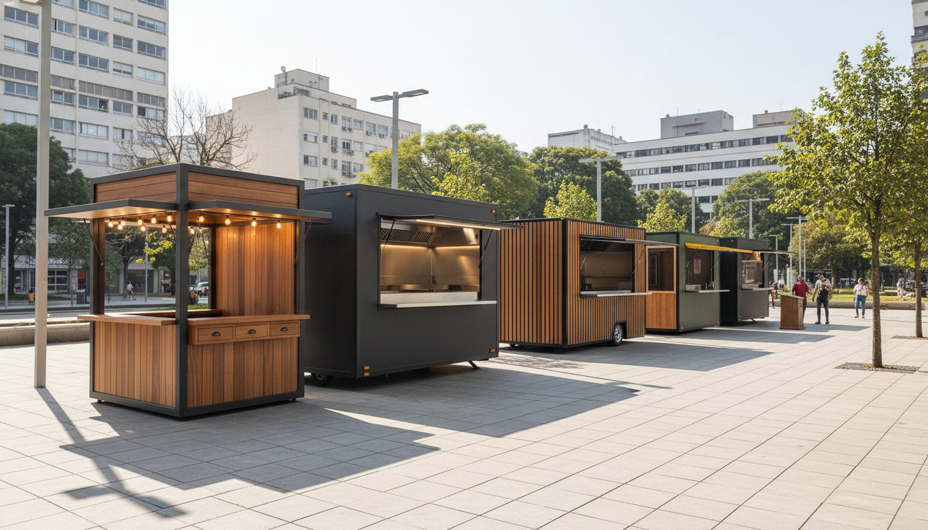 Variedade de trailers e quiosques fabricados pela OLPX em São Paulo